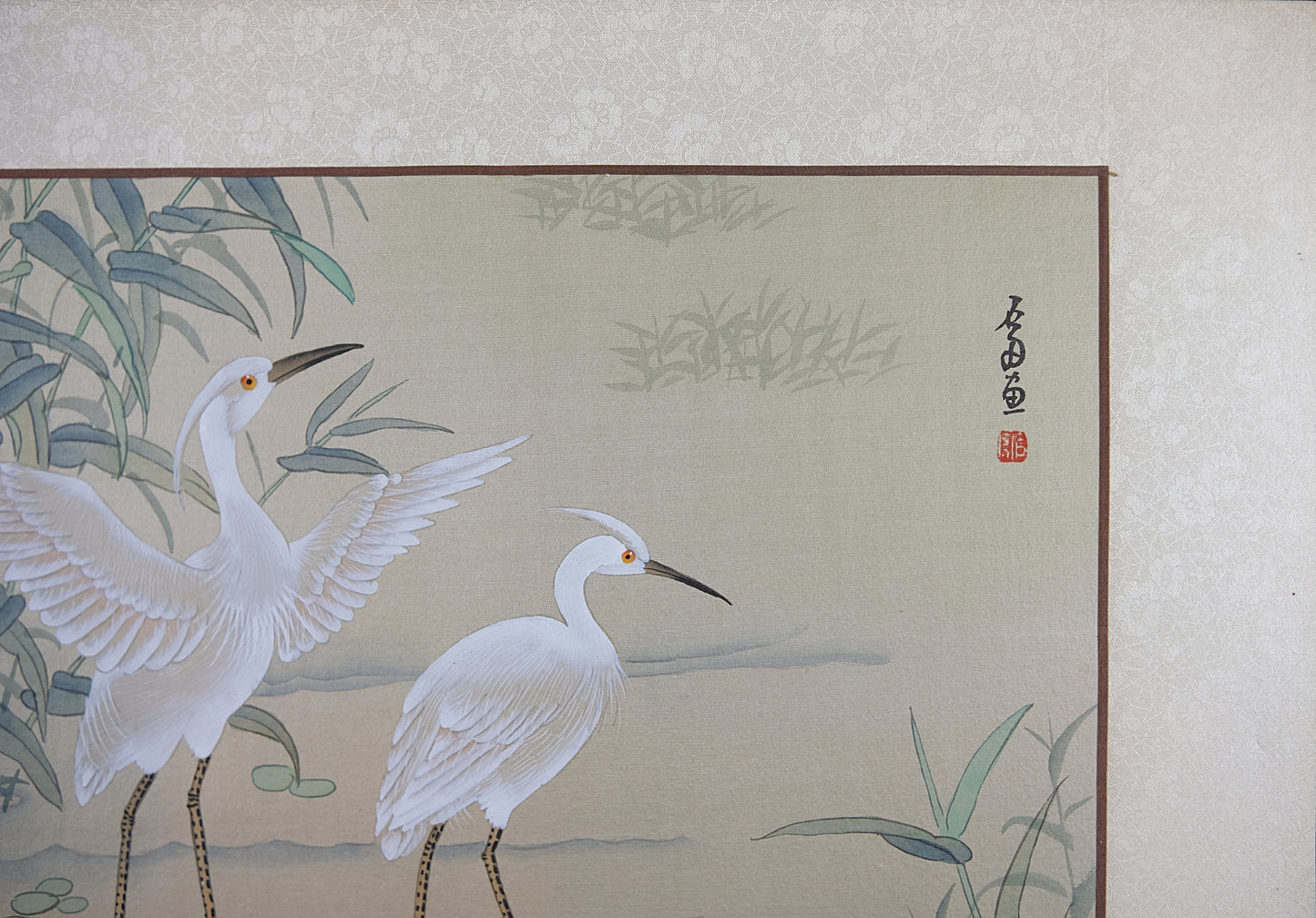 Vintage Oriental Watercolor, Chinese Painting on Silk Paper, Pair of Wild Crane