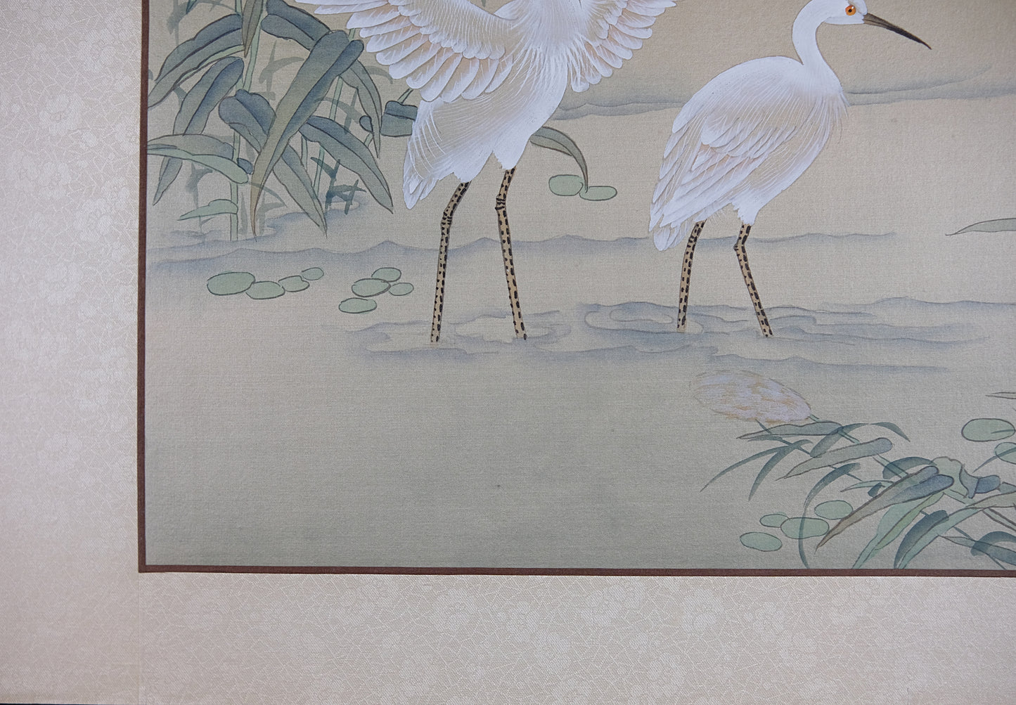 Vintage Oriental Watercolor, Chinese Painting on Silk Paper, Pair of Wild Crane