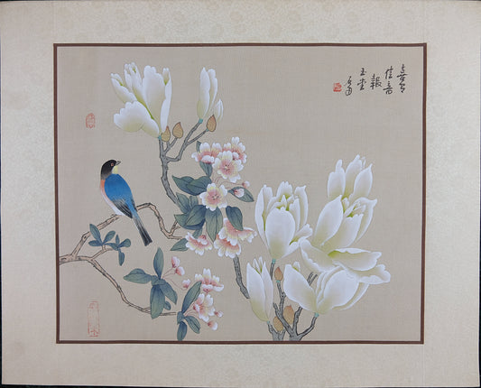 Vintage Chinese Painting on Silk Paper, Oriental Watercolor Painting, Bluebird on a Magnolia Tree, Artist Signed Stamped