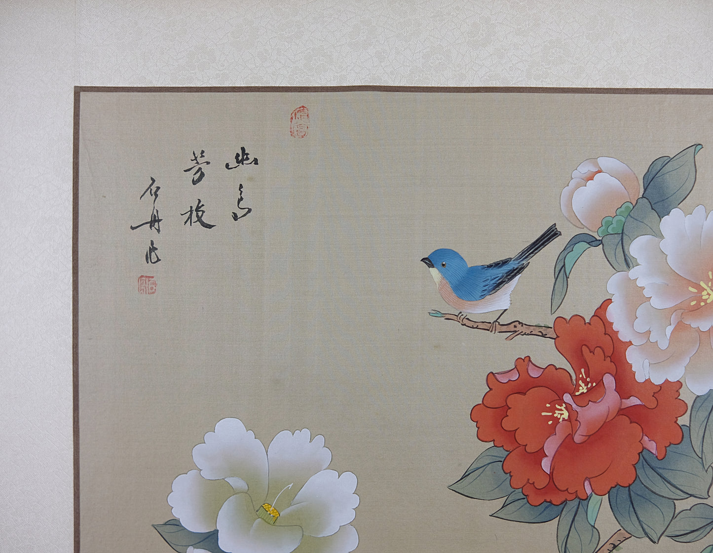 Vintage Oriental Painting, Asian Watercolor on Silk Paper, A little Blue Bird