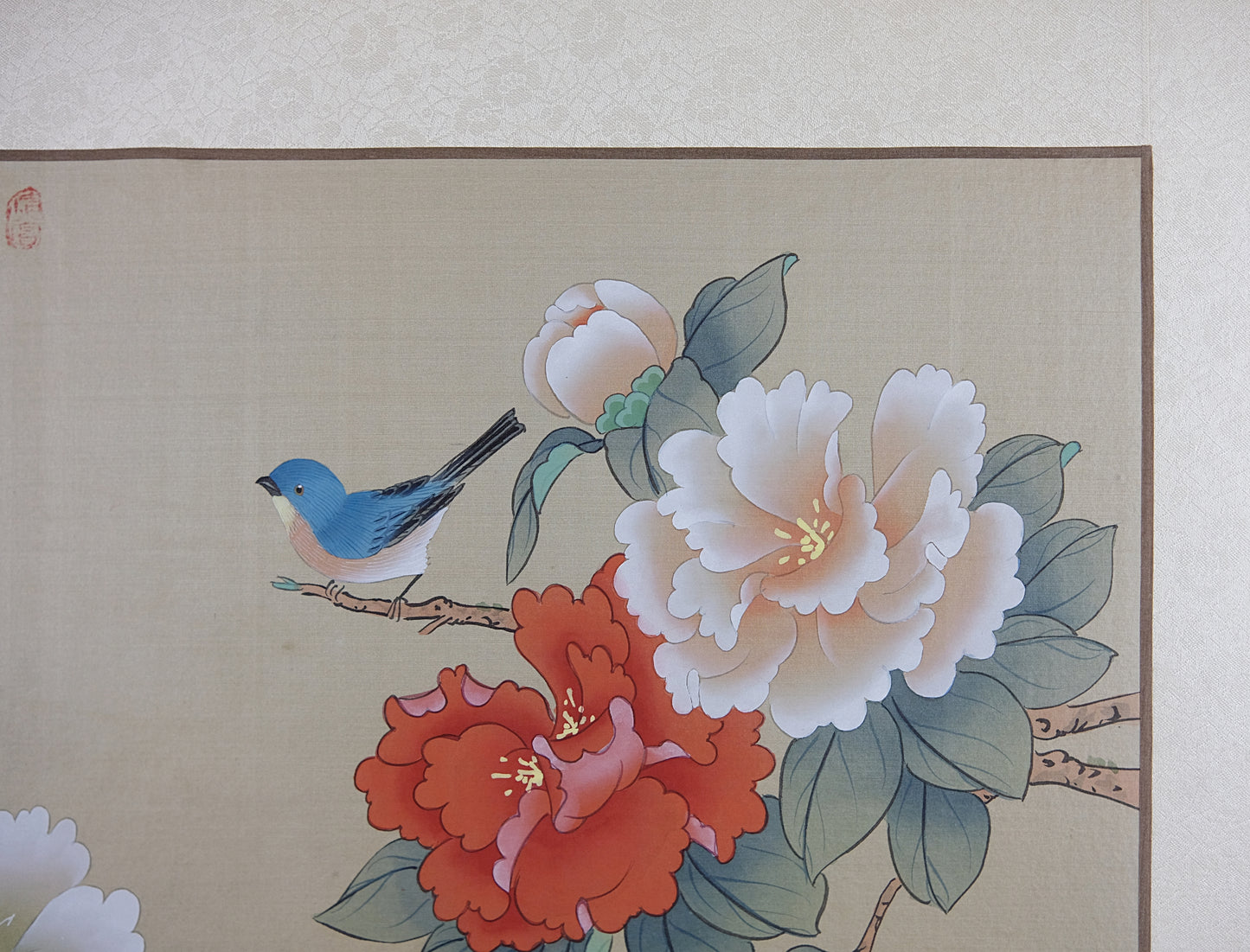 Vintage Oriental Painting, Asian Watercolor on Silk Paper, A little Blue Bird