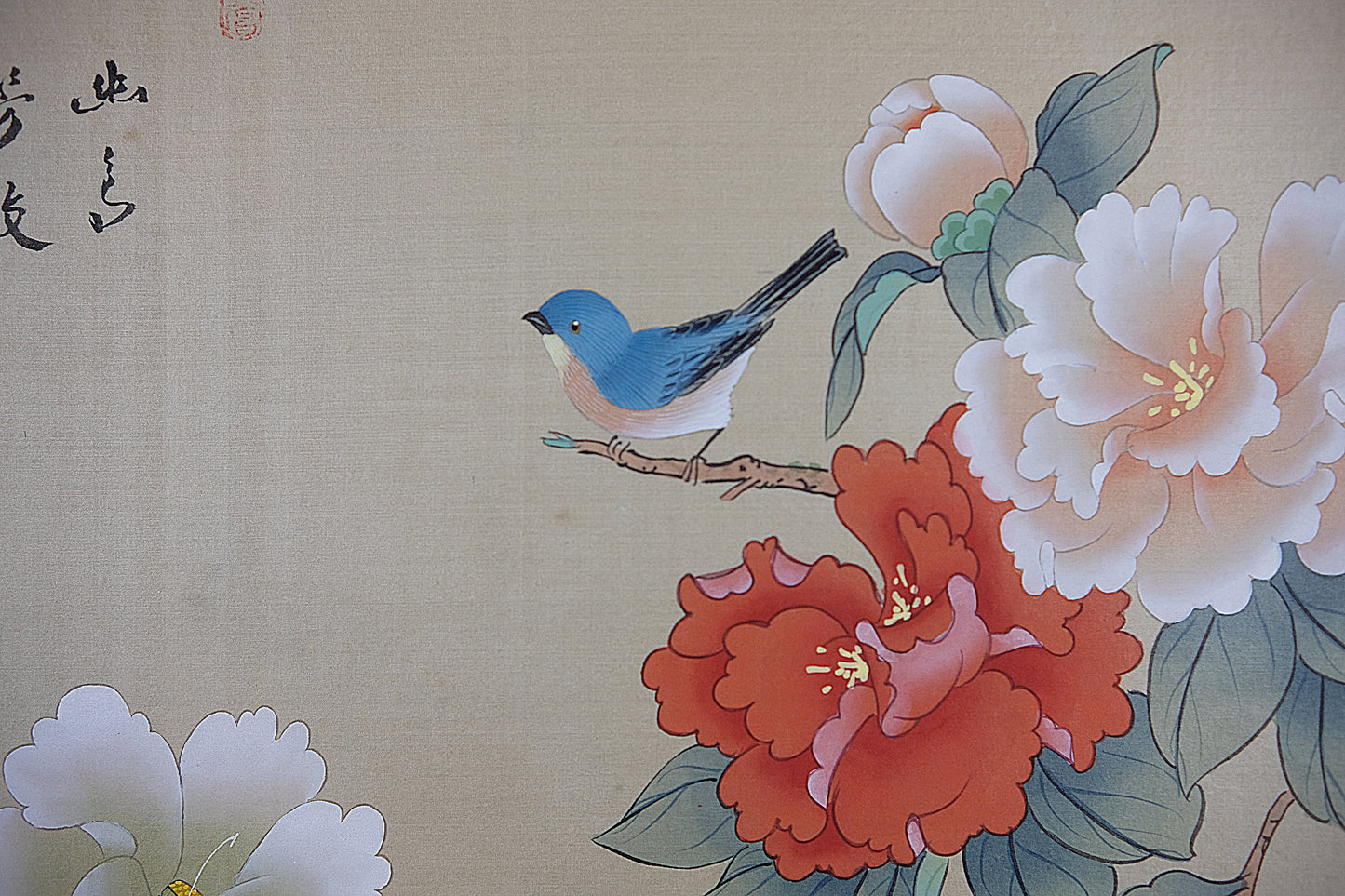 Vintage Oriental Painting, Asian Watercolor on Silk Paper, A little Blue Bird