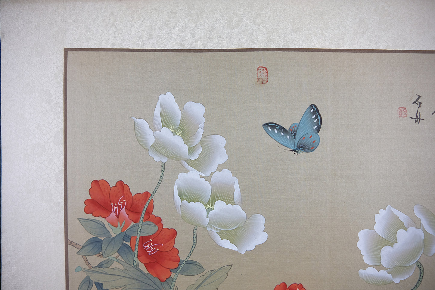 Vintage Oriental Painting, VTG Asian Painting on Silk Paper, Butterfly on Peony