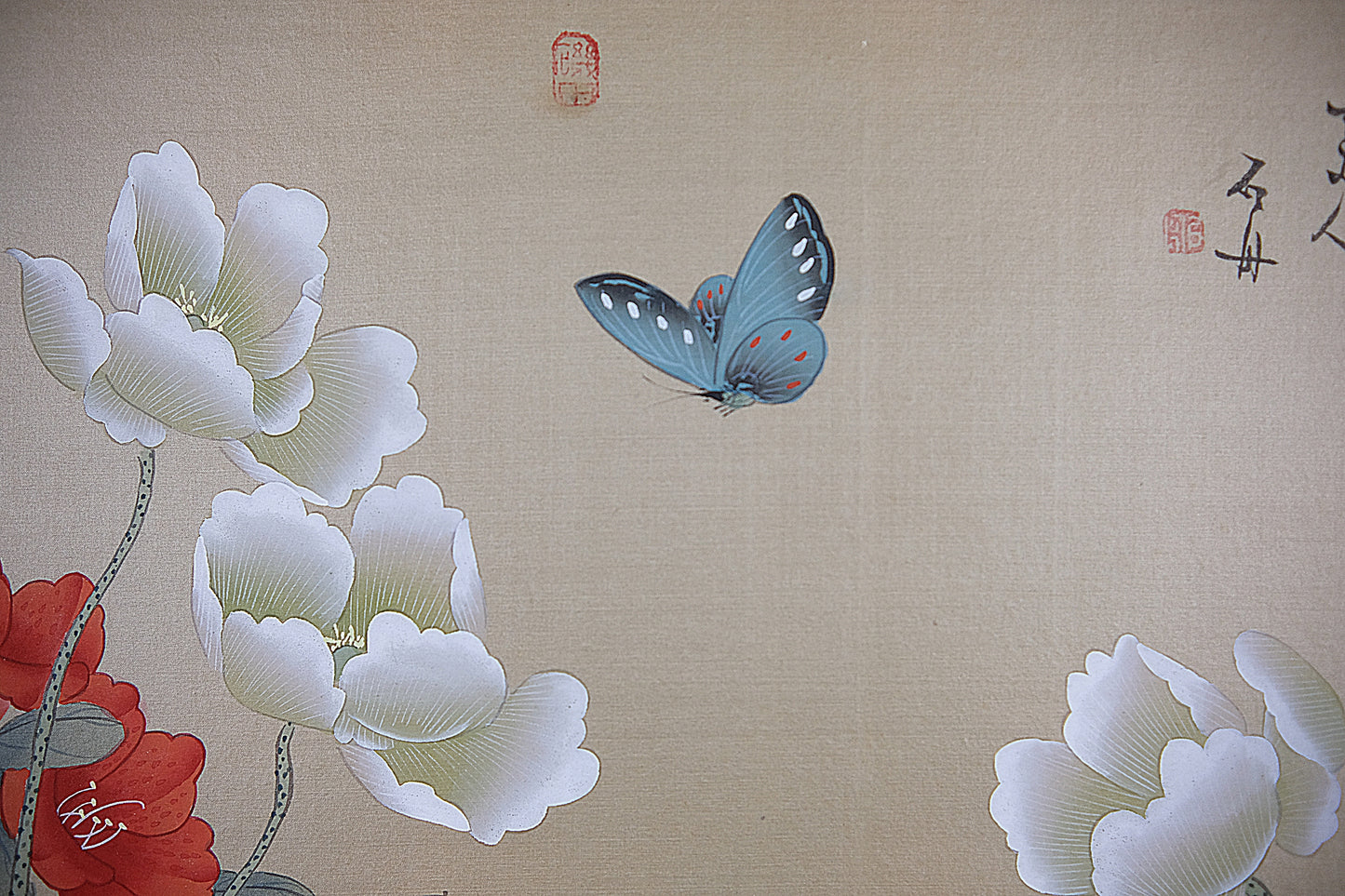 Vintage Oriental Painting, VTG Asian Painting on Silk Paper, Butterfly on Peony