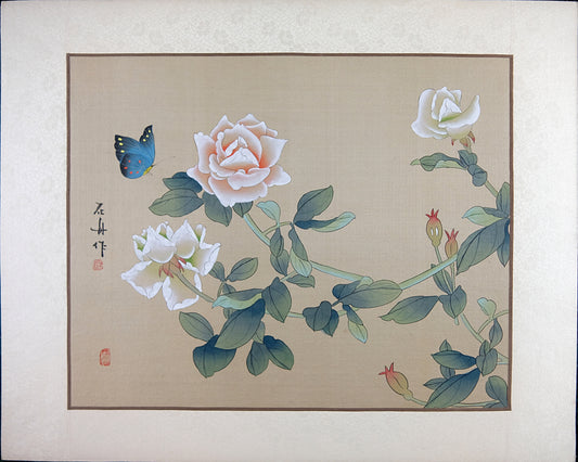 Vintage Asian Art Watercolor, Vintage Oriental Painting on Silk Paper, Blue Butterfly and Rose