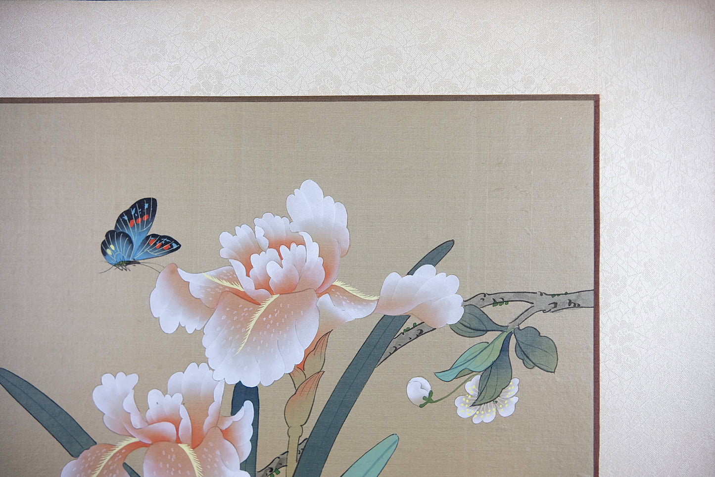 Vintage Oriental Chinese Painting, VTG Asian Art on Silk, Butterfly, Pink Iris