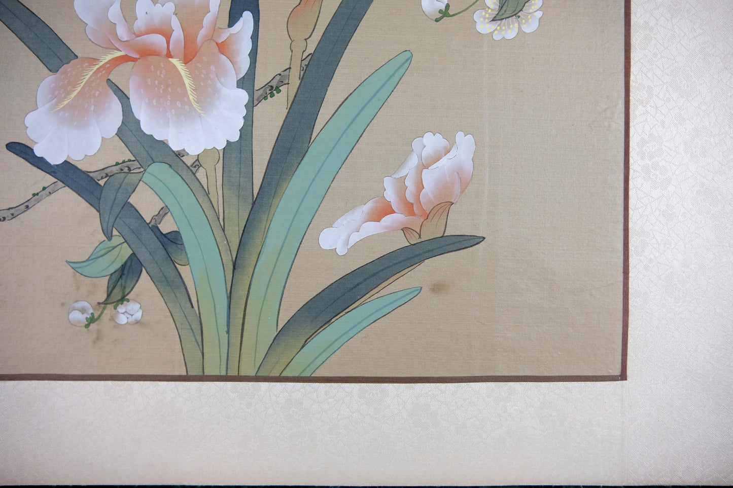 Vintage Oriental Chinese Painting, VTG Asian Art on Silk, Butterfly, Pink Iris