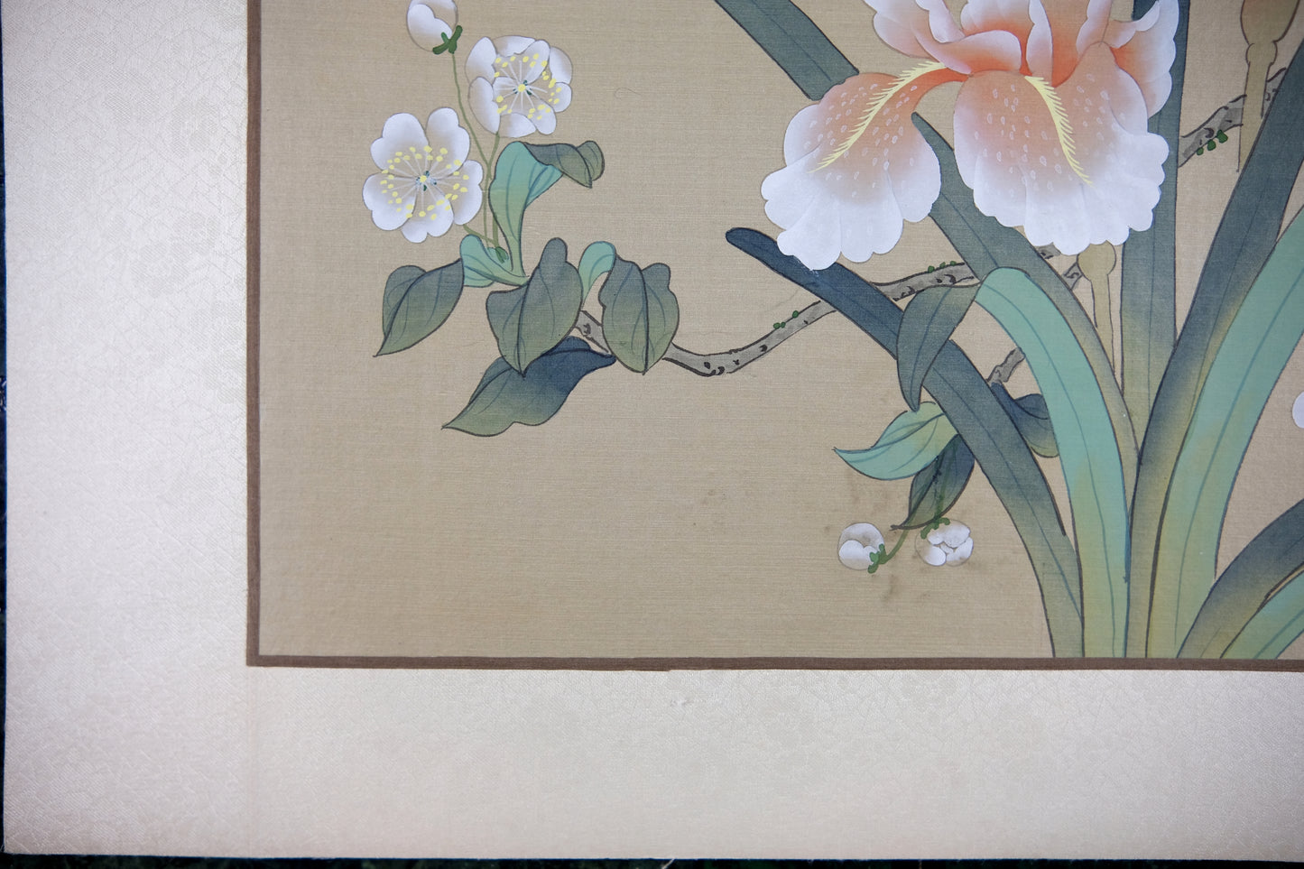 Vintage Oriental Chinese Painting, VTG Asian Art on Silk, Butterfly, Pink Iris