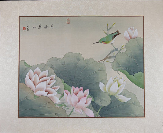 Vintage Asian Watercolor on Silk Paper, Oriental Painting, Lotus and Kingfisher