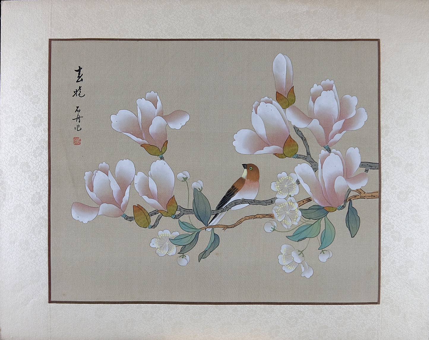 VTG Oriental Painting, Asian Watercolor on Silk Paper, Pink Magnolia and Sparrow