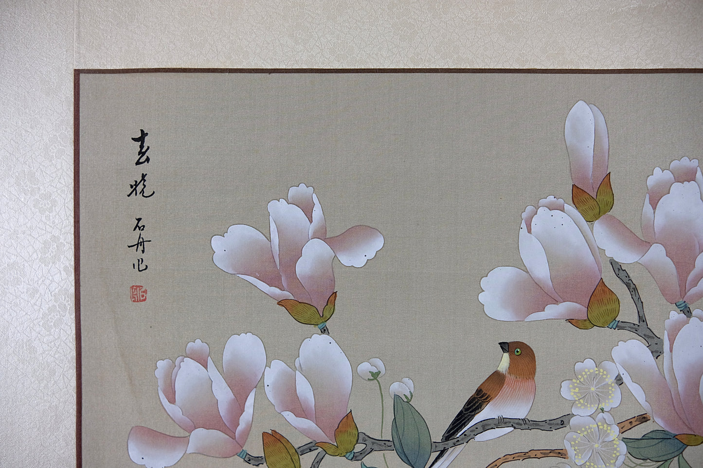 VTG Oriental Painting, Asian Watercolor on Silk Paper, Pink Magnolia and Sparrow