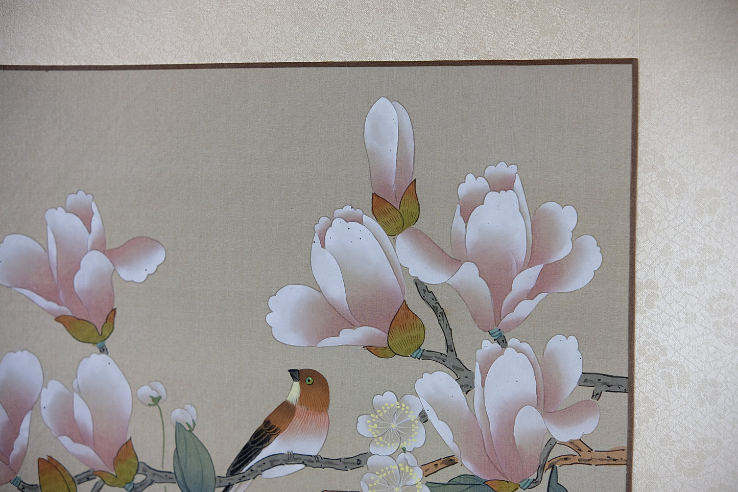 VTG Oriental Painting, Asian Watercolor on Silk Paper, Pink Magnolia and Sparrow