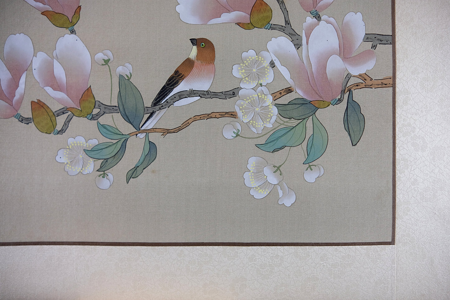 VTG Oriental Painting, Asian Watercolor on Silk Paper, Pink Magnolia and Sparrow