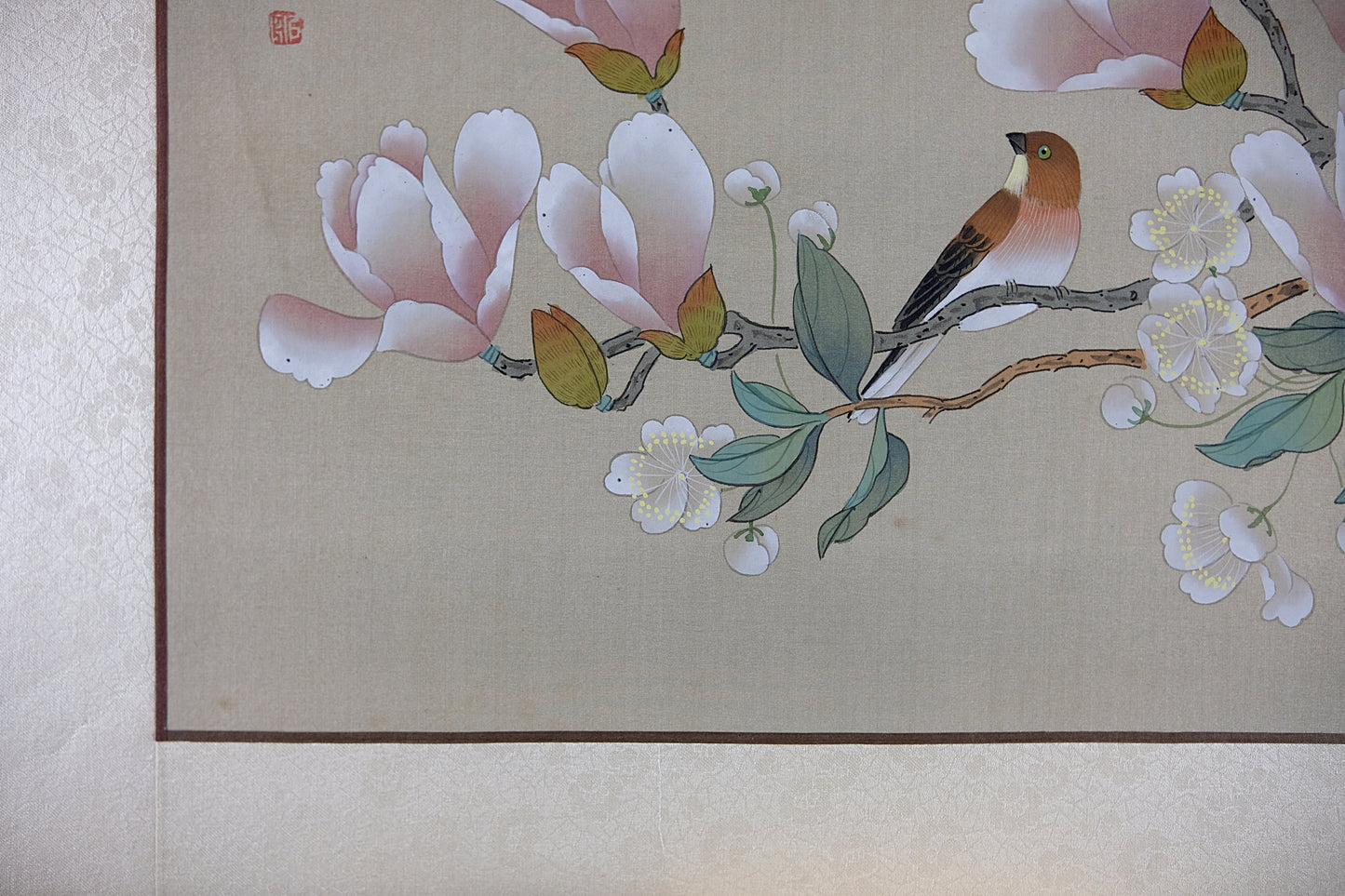 VTG Oriental Painting, Asian Watercolor on Silk Paper, Pink Magnolia and Sparrow