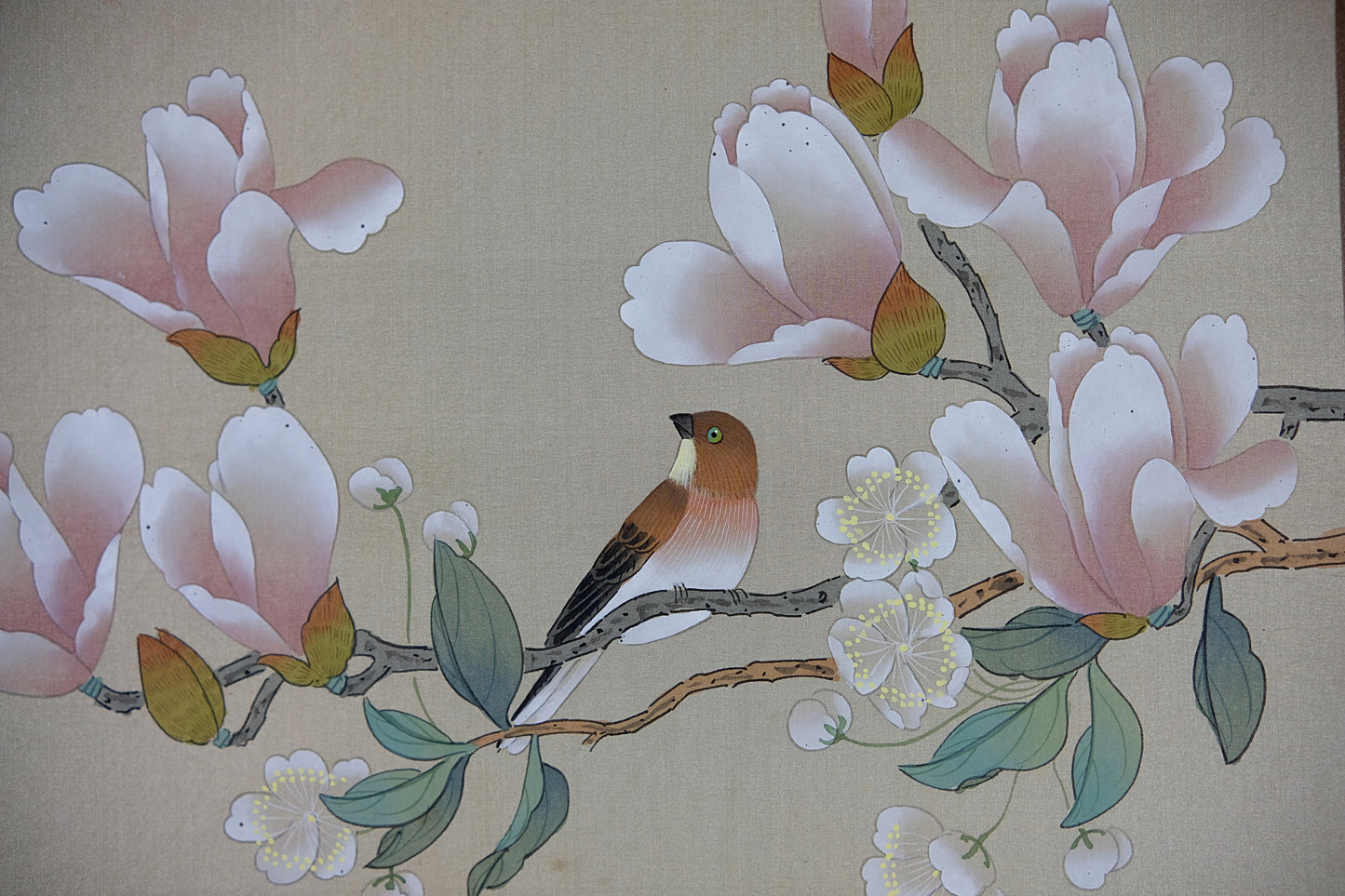 VTG Oriental Painting, Asian Watercolor on Silk Paper, Pink Magnolia and Sparrow