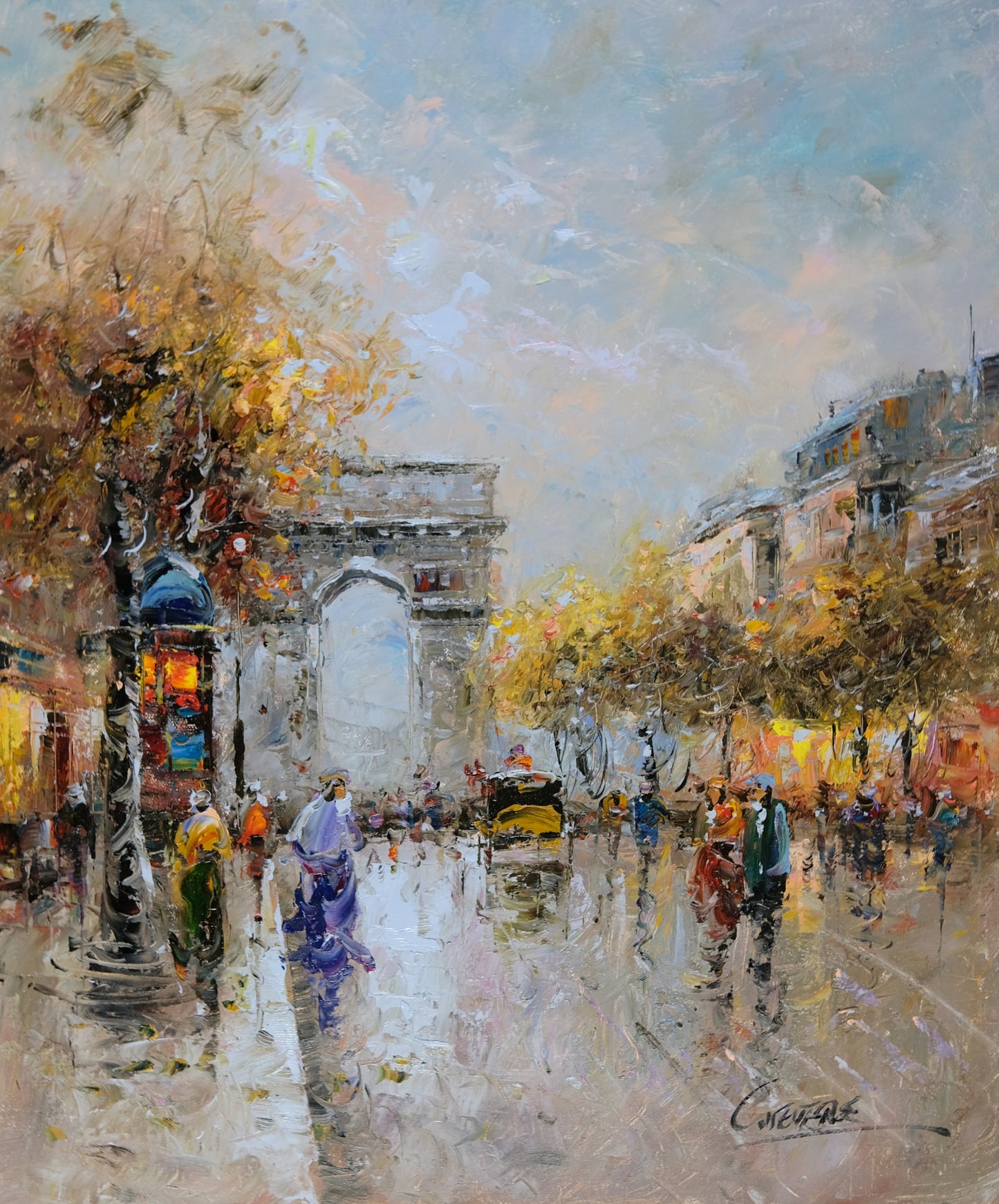 Gold Framed Oil Painting, Paris Arc de Triomphe View Cityscape, French Impressionism, Signed Сristof Vevers