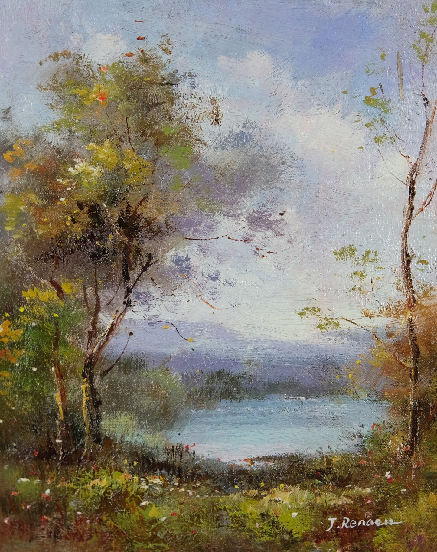 Luxury Gold Framed Lakeview Landscape Oil Painting, Impressionist, Signed by J Reneau, Memorable Gift, Beautiful Wall Art