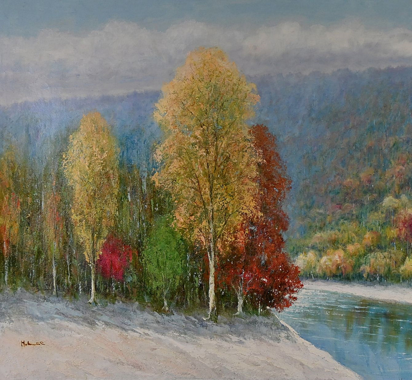 Korean Fine Art Oil Painting, Signed by Hyun Lee, Elegant Autumn Landscape, Korean Artist 36x60