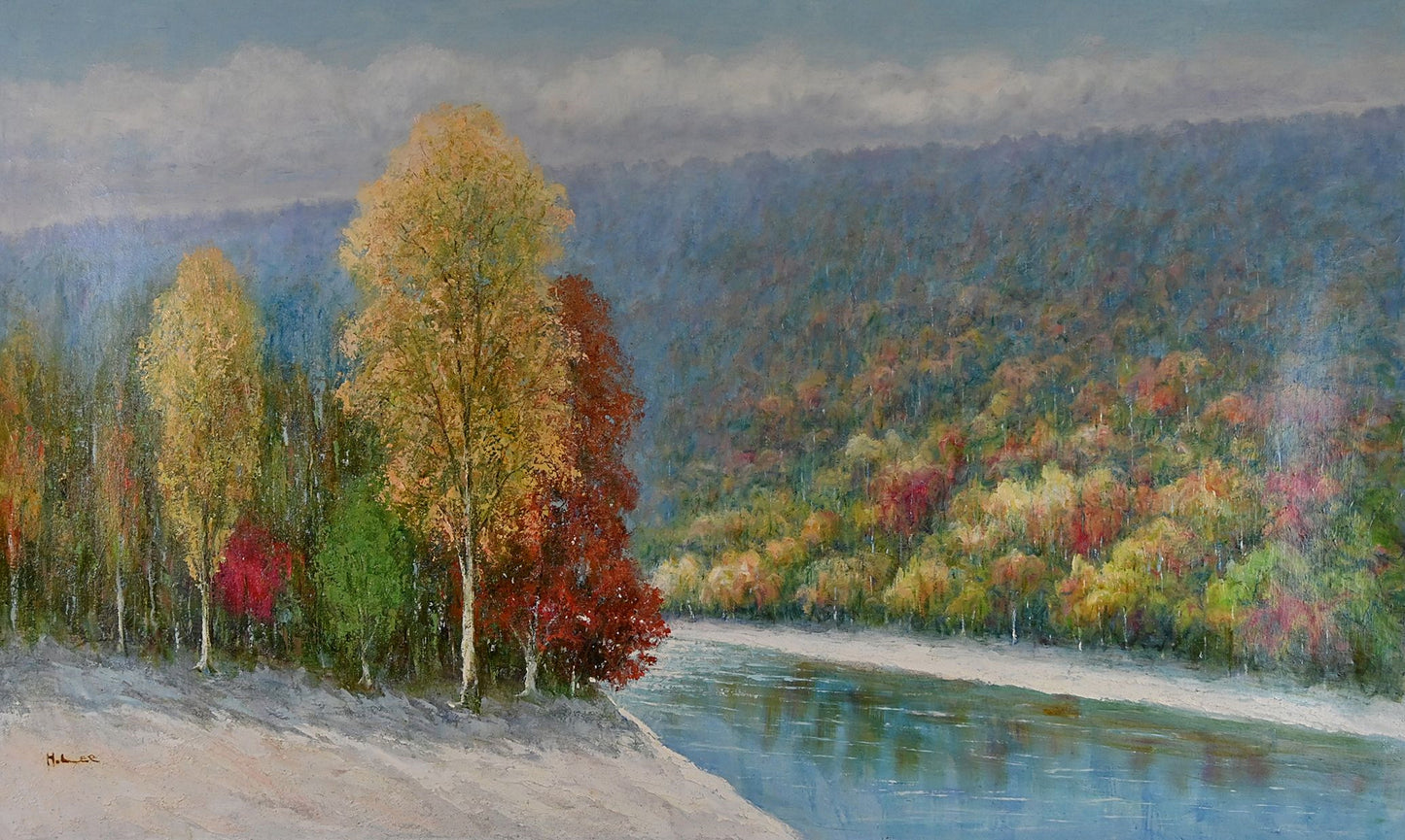 Korean Fine Art Oil Painting, Signed by Hyun Lee, Elegant Autumn Landscape, Korean Artist 36x60