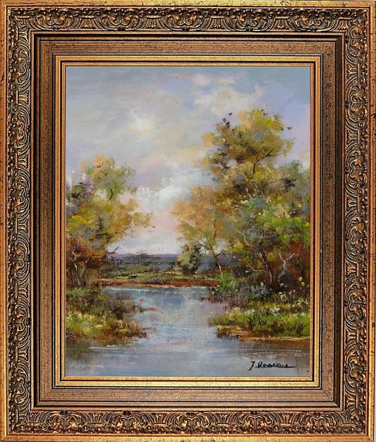 Gold Framed Summer Lake Landscape Oil Painting, Impressionist, Signed by J Reneau, Memorable Gift, Elegant Wall Art