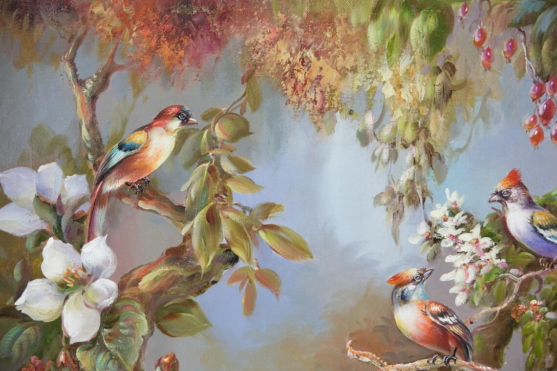 Oil Painting on Canvas, With Antique Gold Ornate Frame, For Memorable Gift, Wild Birds on the Tree, Signed by L Richard, Korean Artist