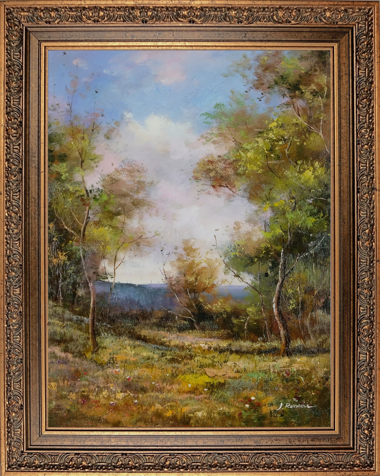 Framed French Landscape, Original Oil Painting, Signed by Jean Reneau, Summer Hill Scenery, Memorable Gift