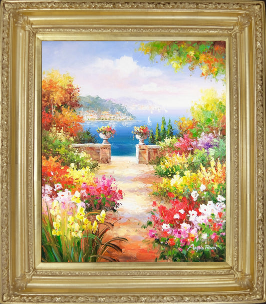 Luxury Gold Framed, Signed by A Rossi, Ready to Hang, Elegant Mediterranean Scenery Landscape, Original Oil On Canvas, 28 x 32 inches