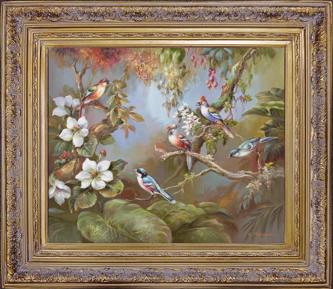 Oil Painting on Canvas, With Antique Gold Ornate Frame, For Memorable Gift, Wild Birds on the Tree, Signed by L Richard, Korean Artist