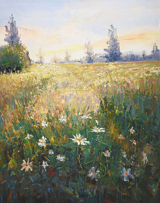 Fine Art Oil on Canvas, Morning Field Landscape, Signed by Tom Dinte Original Oil Painting on Canvas 60 x 48 inches