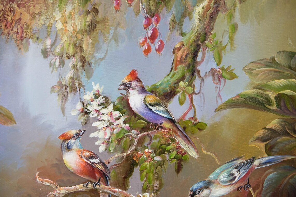 Oil Painting on Canvas, With Antique Gold Ornate Frame, For Memorable Gift, Wild Birds on the Tree, Signed by L Richard, Korean Artist