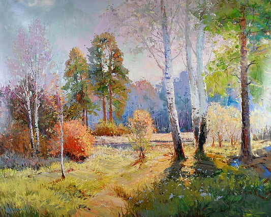 Fine Art Oil on Canvas, Stunning Autumn Landscape, Backlit Afternoon Scene, Signed by Tom Dinte Original Painting on Canvas 48 x 60 inches