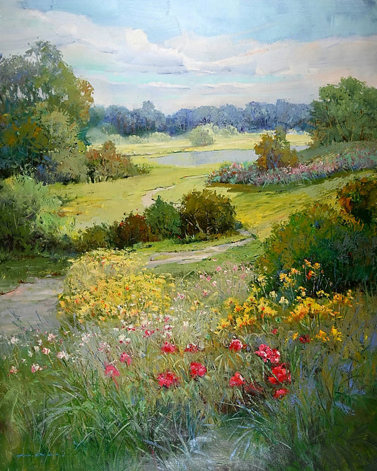 Fine Art Oil on Canvas, Gorgeous Summer Landscape, Signed by Tom Dinte Original Oil Painting on Canvas 60 x 48 inches