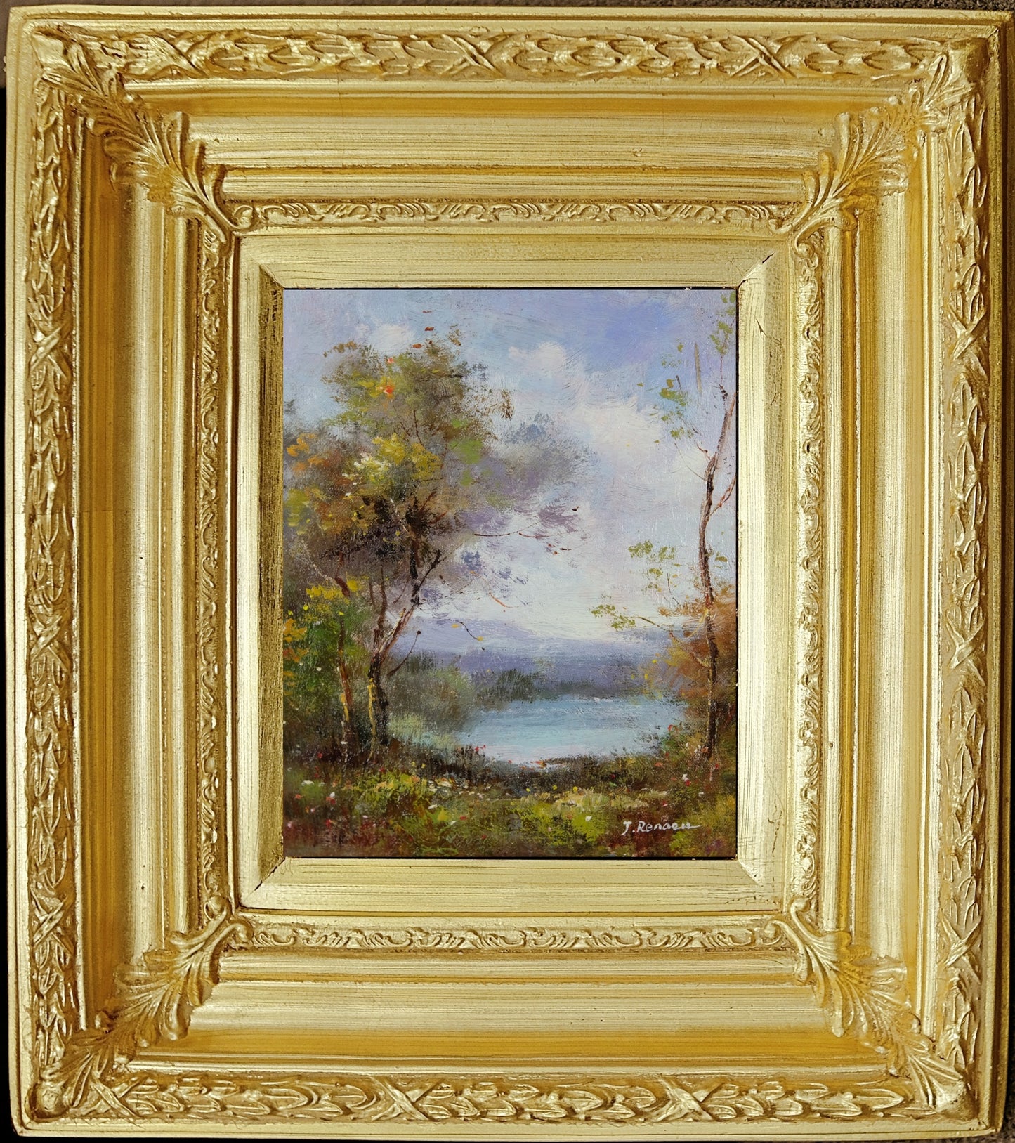 Luxury Gold Framed Lakeview Landscape Oil Painting, Impressionist, Signed by J Reneau, Memorable Gift, Beautiful Wall Art