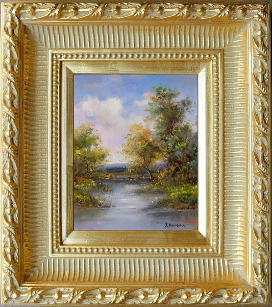 Gold Framed Oil Painting, River View Summer Landscape, French Scenery, Signed J Reneau