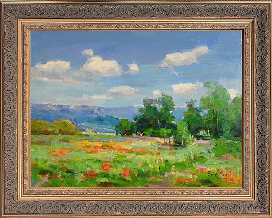 Gold Wood Framed Oil Painting, Summer Field Landscape, Signed by Eric Son, Gift