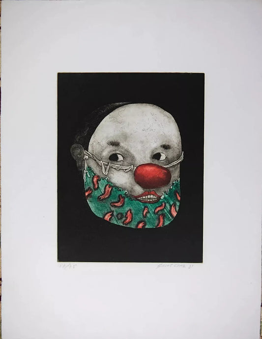 Vintage Etching Aquatint Print, Signed by Saint Clair Cemin, 1980s, Clown Mask