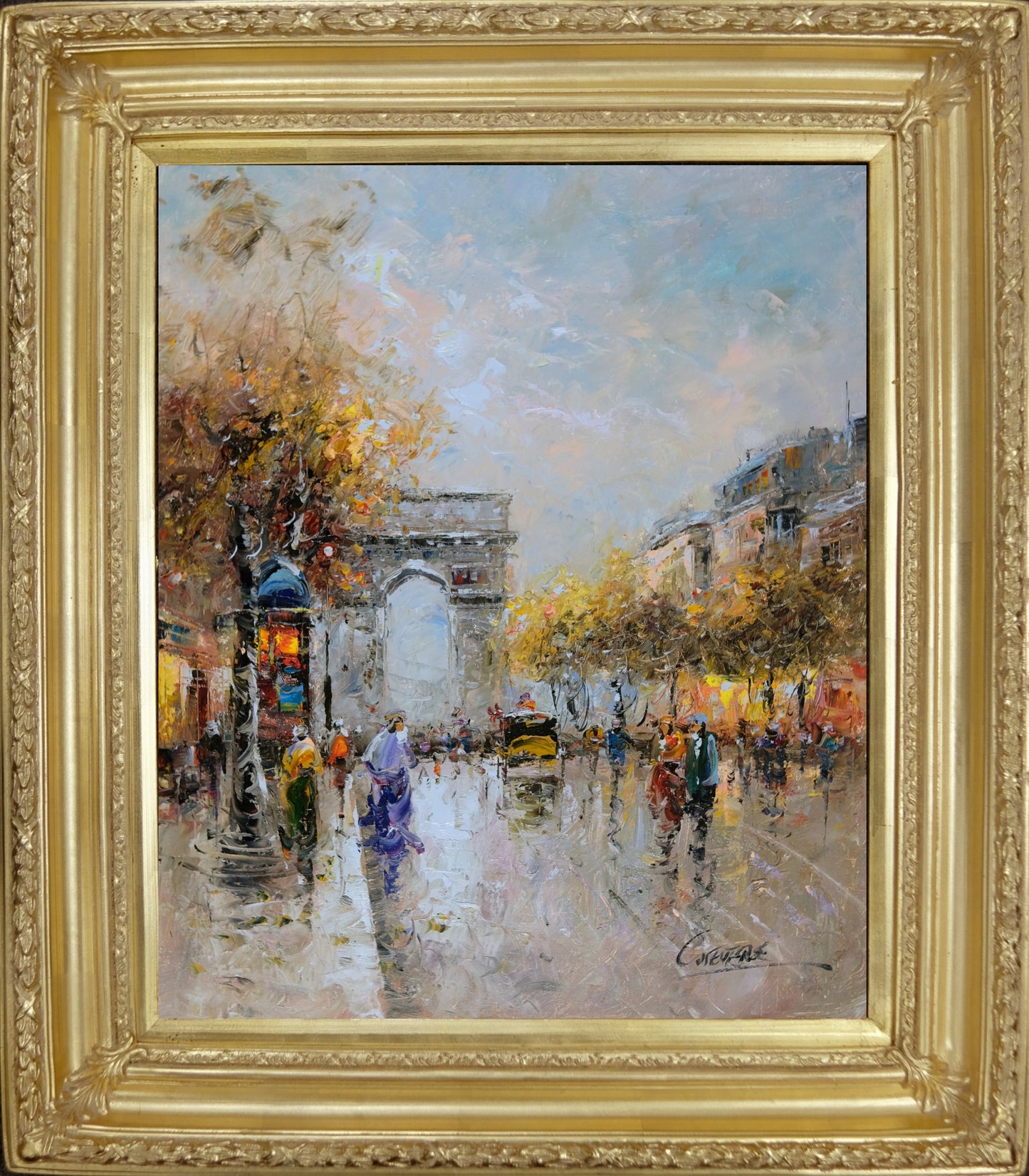 Gold Framed Oil Painting, Paris Arc de Triomphe View Cityscape, French Impressionism, Signed Сristof Vevers