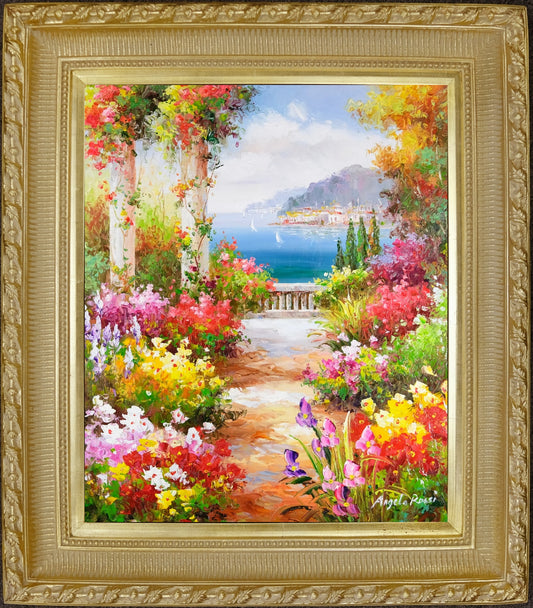 Oil Painting with French Gold Frame, Signed A Rossi, Wall Art, Beautiful Mediterranean Garden Road, Hand Painted, Memorable Gift