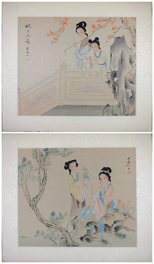 A Set of Oriental Painting, Asian Watercolor on Silk Paper, Old Chinese Noble Lady